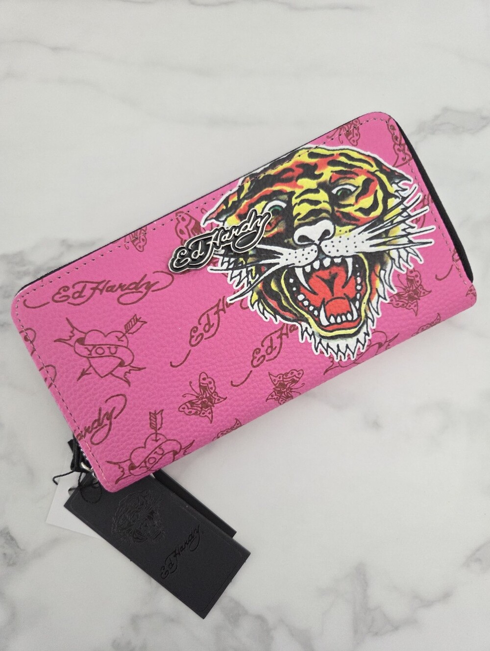 Ed Hardy Tiger Tattoo Pink Vegan Leather Zip Around Wristlet Wallet NWT